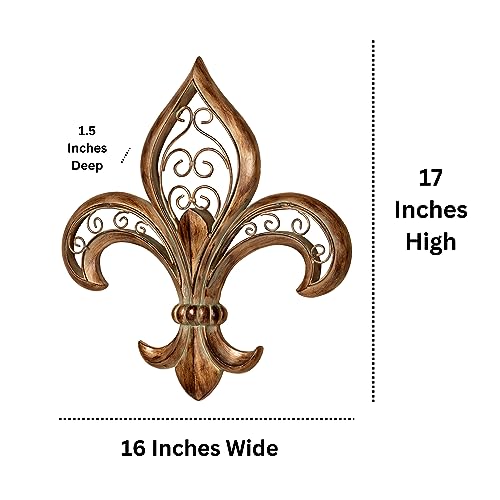 Fleur de Lis Wall Art Burnished Gold Resin Metal Scroll Decor 16 Inches Wide 17 Inches High Q518629