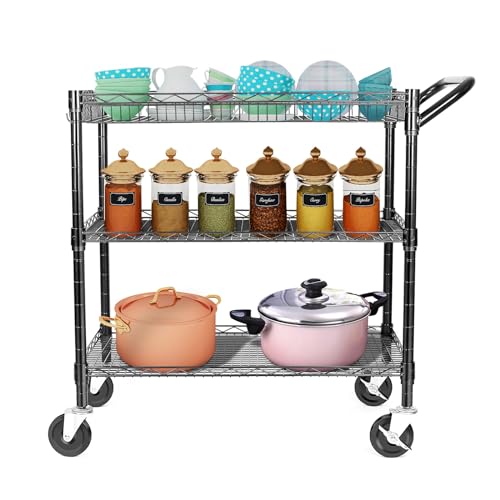 3 Tier Wire Rolling Utility Cart with Wheels and Handle Bar O53880