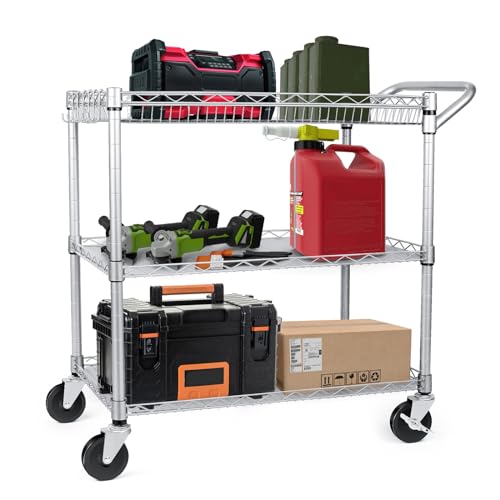 3 Tier Wire Rolling Utility Cart with Wheels and Handle Bar O53880