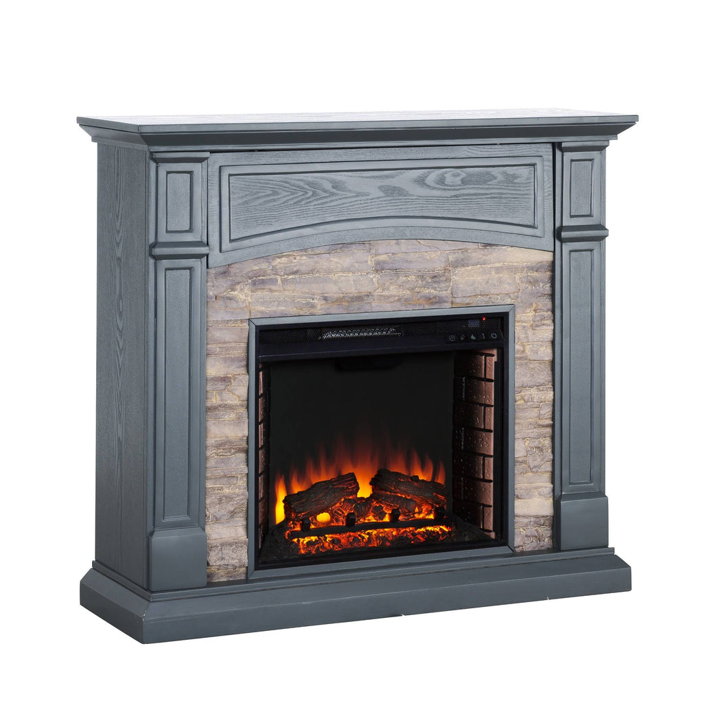 Gray Electric Media Fireplace with Weathered Stone Y3709