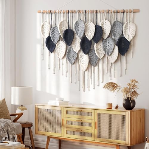 Macrame Wall Hanging Leaf Woven Tapestry Feather Handmade Wall Art 16.5"x29.5" Z88327