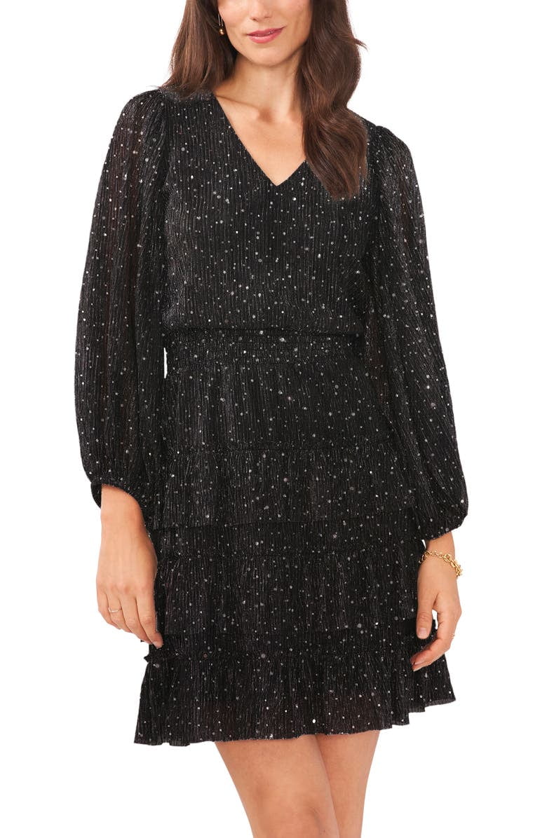 Gray Tiered Metallic Long Sleeve Dress B91193