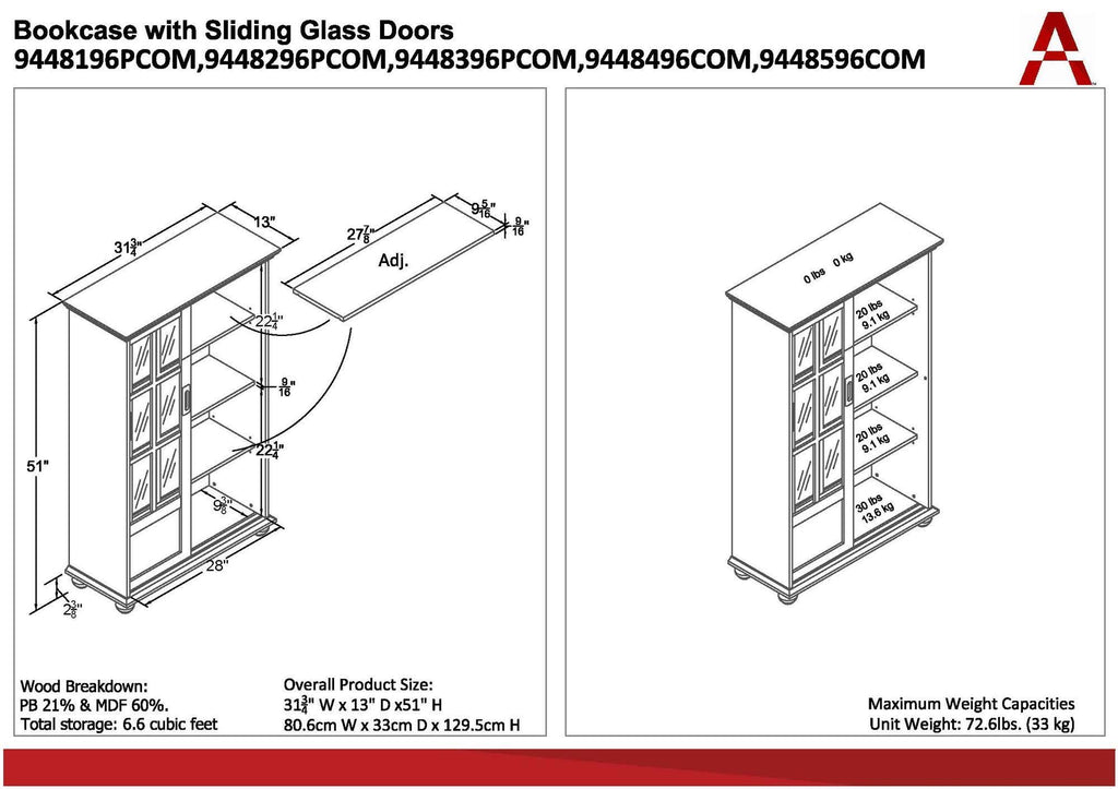 White Bookcase with Sliding Glass Doors P73048