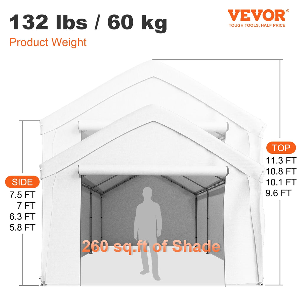White 13 x 20ft Carport Canopy with 8 Legs and Sidewalls T5916