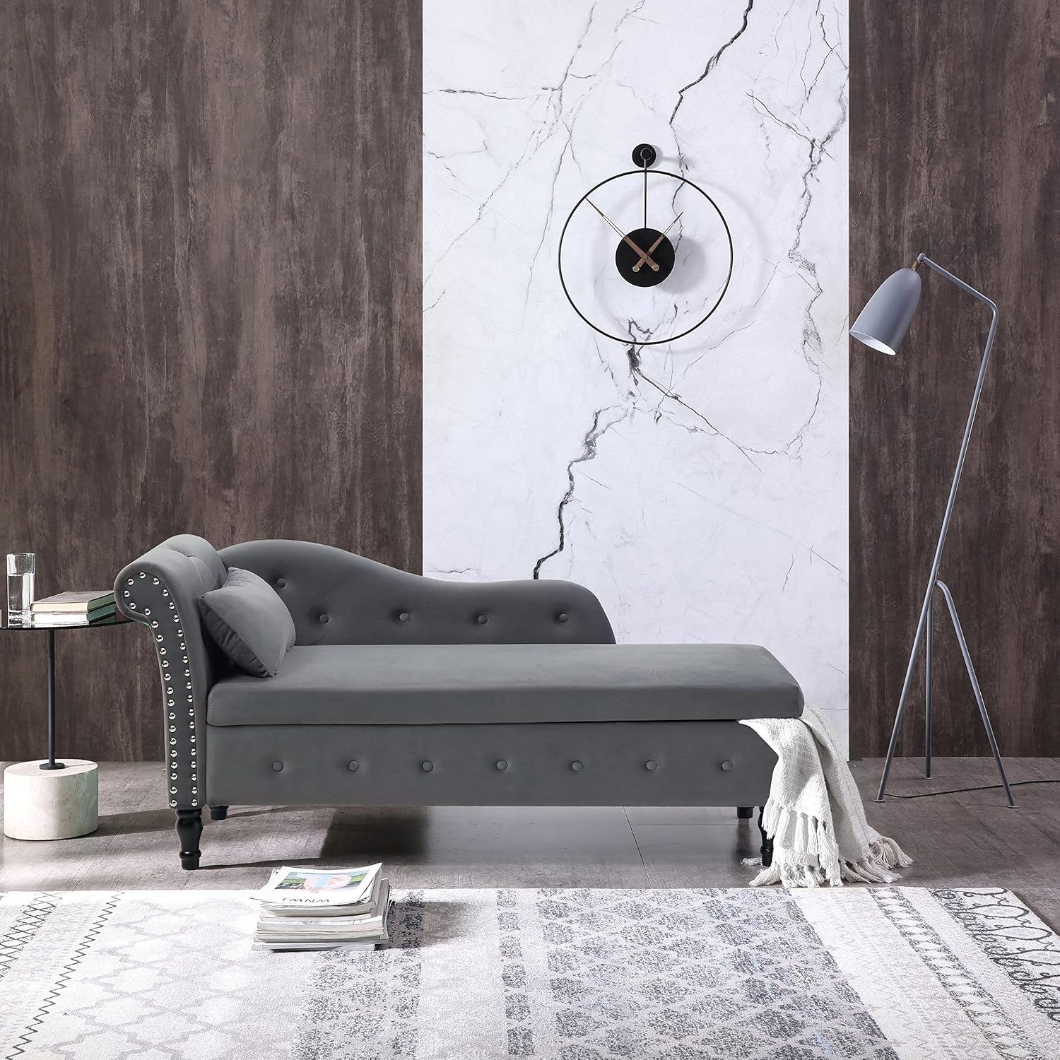 Gray Velvet Chaise Lounge Chair with Storage M8984