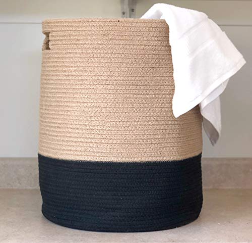 Large Cotton Blanket Basket 19 x 16 x 16 Inches White & Tan M49538