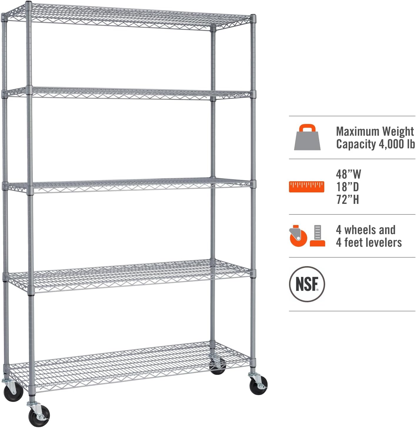 Gray 5-Tier Adjustable Wire Shelving with Wheels, 48" W X 18" D X 72-77" H M39762