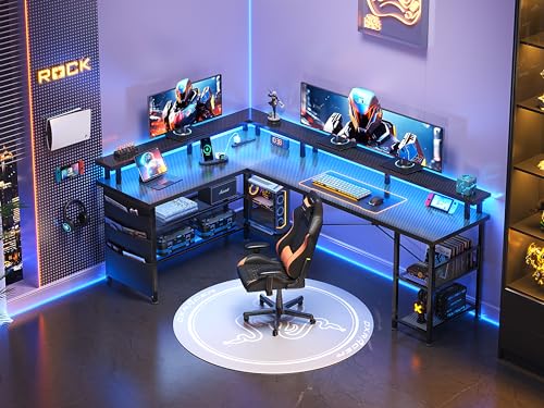 Black Carbon Fiber L Shaped Gaming Desk with Power Outlet and LED Lights O68644