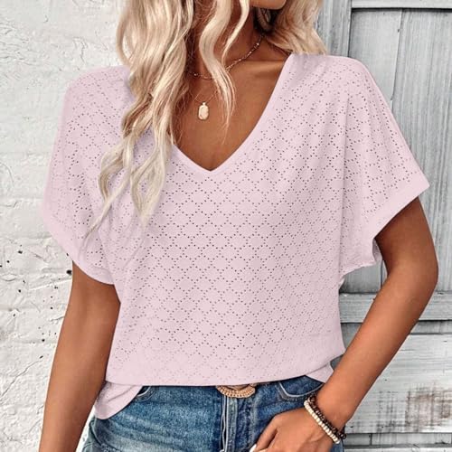 Breathable Eyelets Blouses V Neck Short Sleeve Soft Textured Tunic Tops H94079