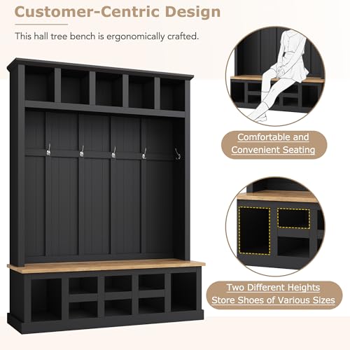 Black Wide Entryway Hall Tree with Storage Bench, Shoe Cabinet with Cube Storage, Coat Rack with 6 Hooks I265321