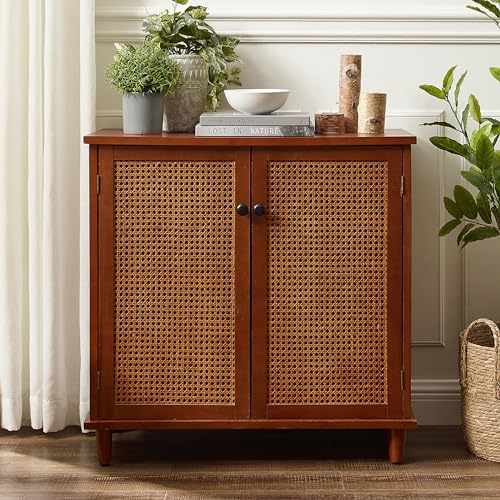Wood Grain Accent Storage Cabinet with Metal Handle Doors, 1 Pcs D7613