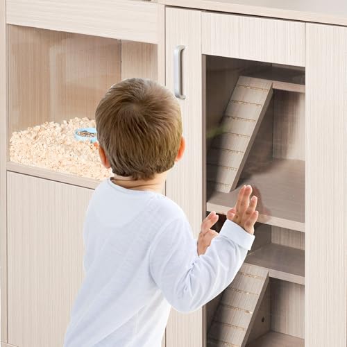4-Tier Wooden Hamster Cage with Storage Cabinet, Openable Top, Acrylic Windows (Teak) T7916