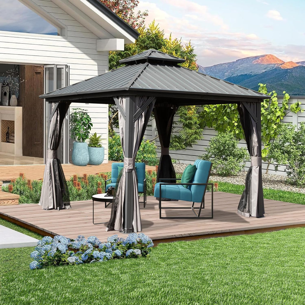 8x8FT Hardtop Gazebo with Galvanized Steel Double Roof Canopy, Curtain and Netting, Gray B2757