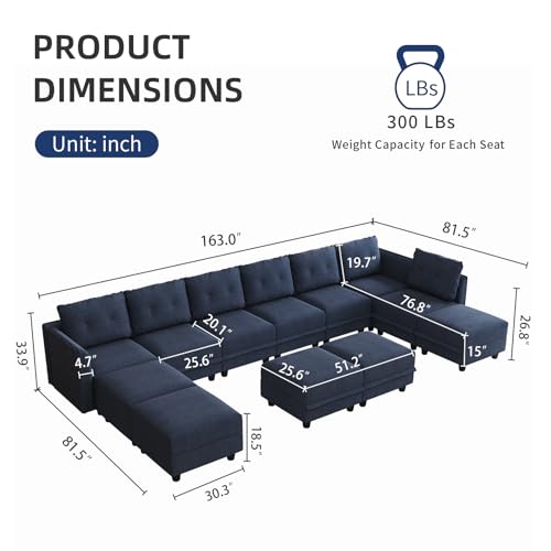 Modular Sectional Sofa with Chaise, 8 Seater Reversible L Shaped U Shape Sectional Couch with Storage, Denim Blue R877