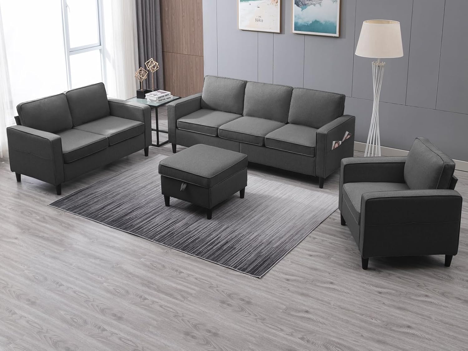 3 Piece Modular Sectional Sofa Set with Storage Ottoman (Dark Gray) F532889