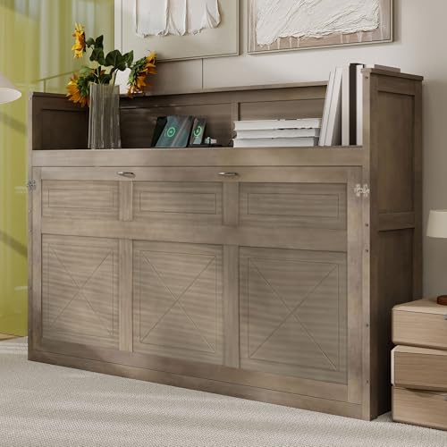 White Queen Size Wood Murphy Bed with Storage Cabinet B911