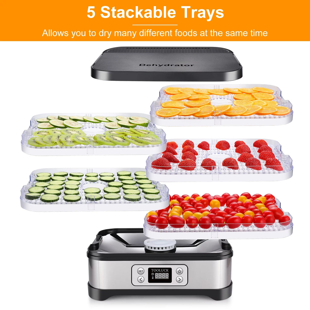 Electric Food Dehydrator, 250W, 5 Drying Trays, Stainless Steel, BPA Free X27786
