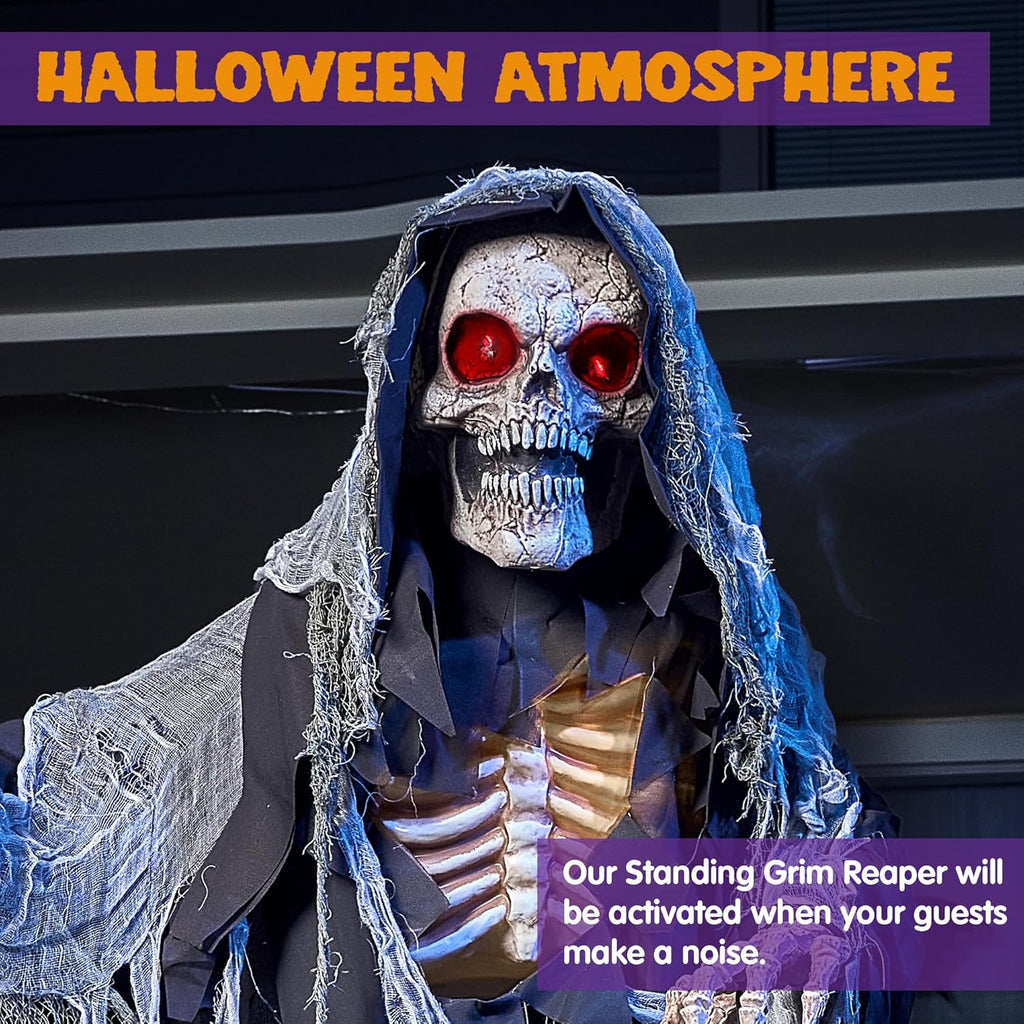 67" Halloween Animatronics Grim Reaper Animated Decoration with Light-Up Eyes E693