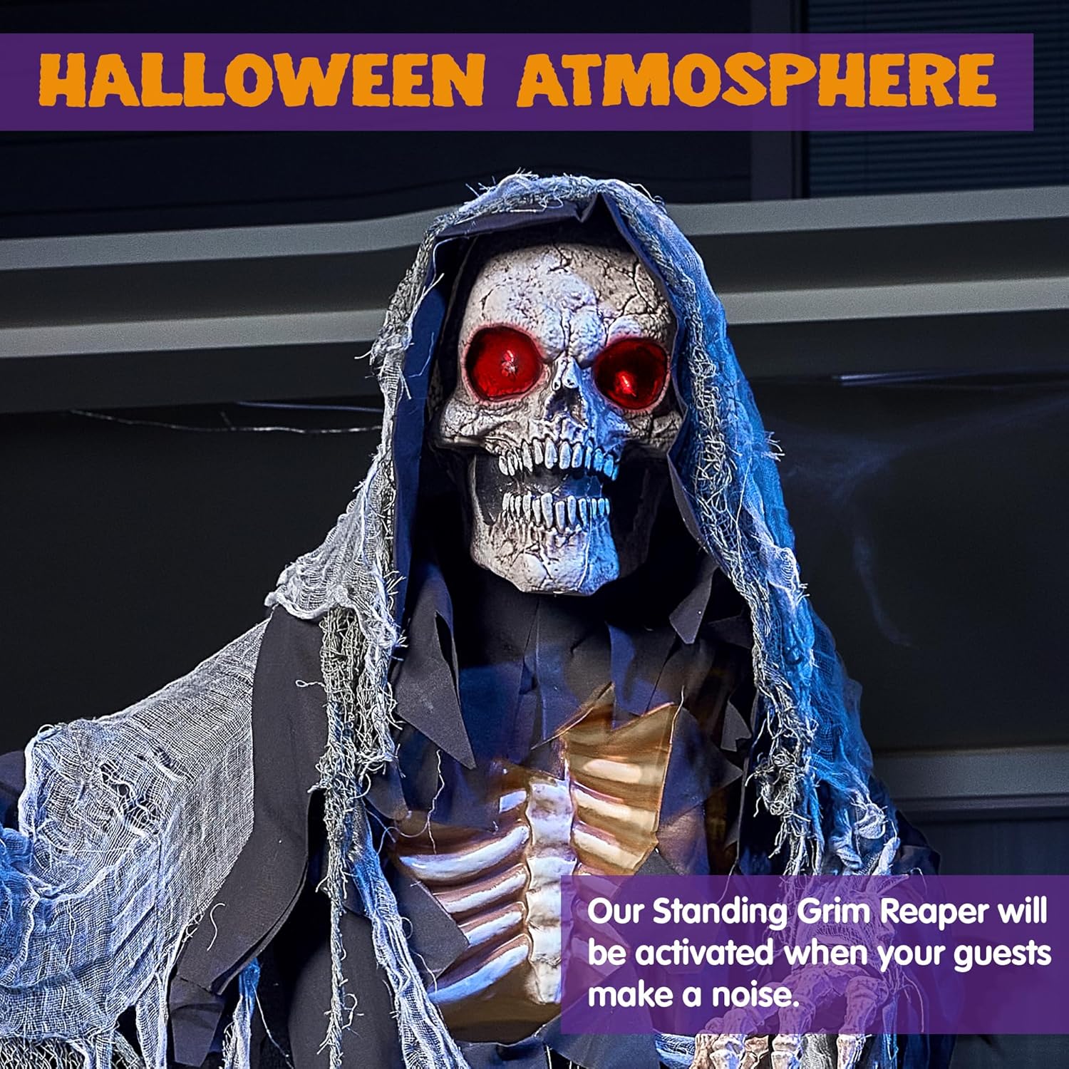 67" Halloween Animatronics Grim Reaper Animated Decoration with Light-Up Eyes E693