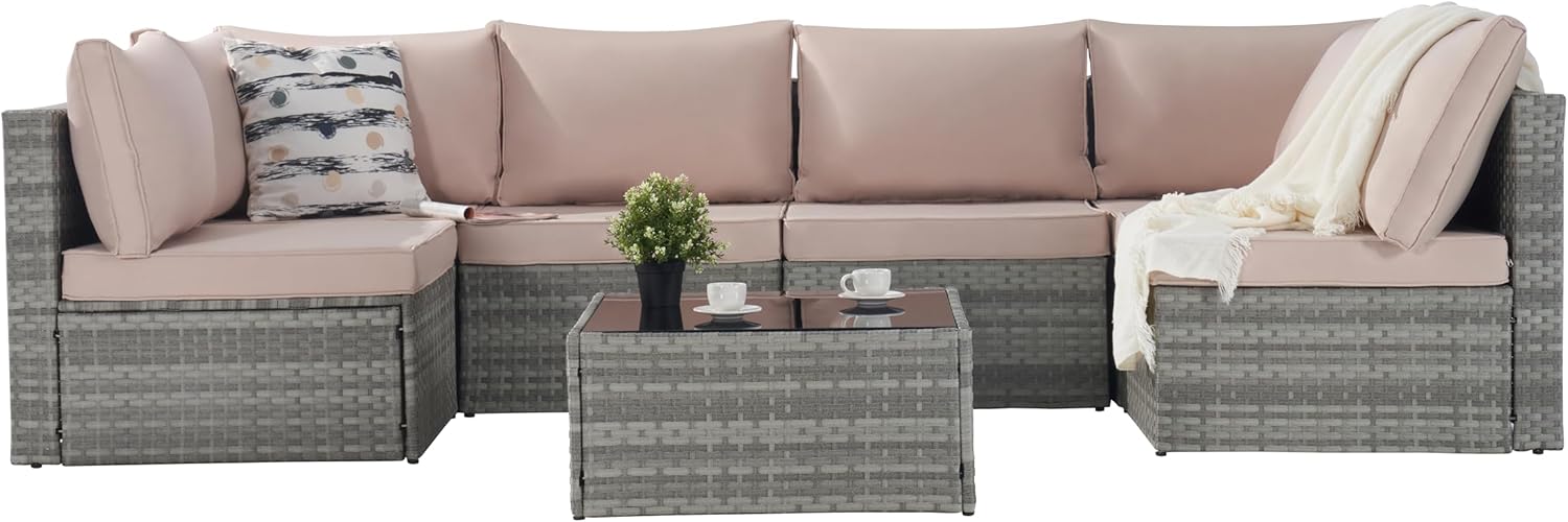 Beige 7 Piece PE Rattan Wicker Patio Conversation Set with Coffee Table B1590