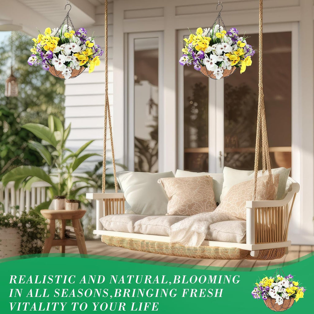 2 Pack Artificial Flowers with Hanging Basket, 12 Inch Faux Hanging Plants Coconut Lining Baskets T368