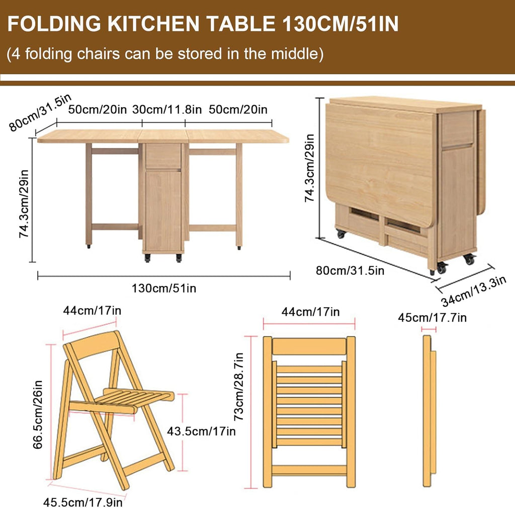 Folding Dining Table with 4 Chairs and Storage Drawers Wood Drop Leaf Dining Table Set W191690
