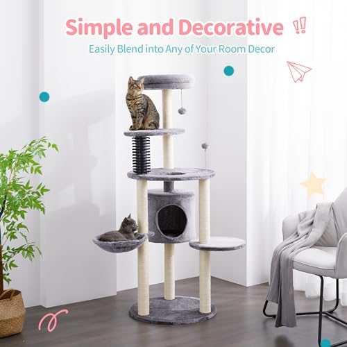 Grey Small Cat Tree Tower with Scratching Post and Plush Perch Bed I753988