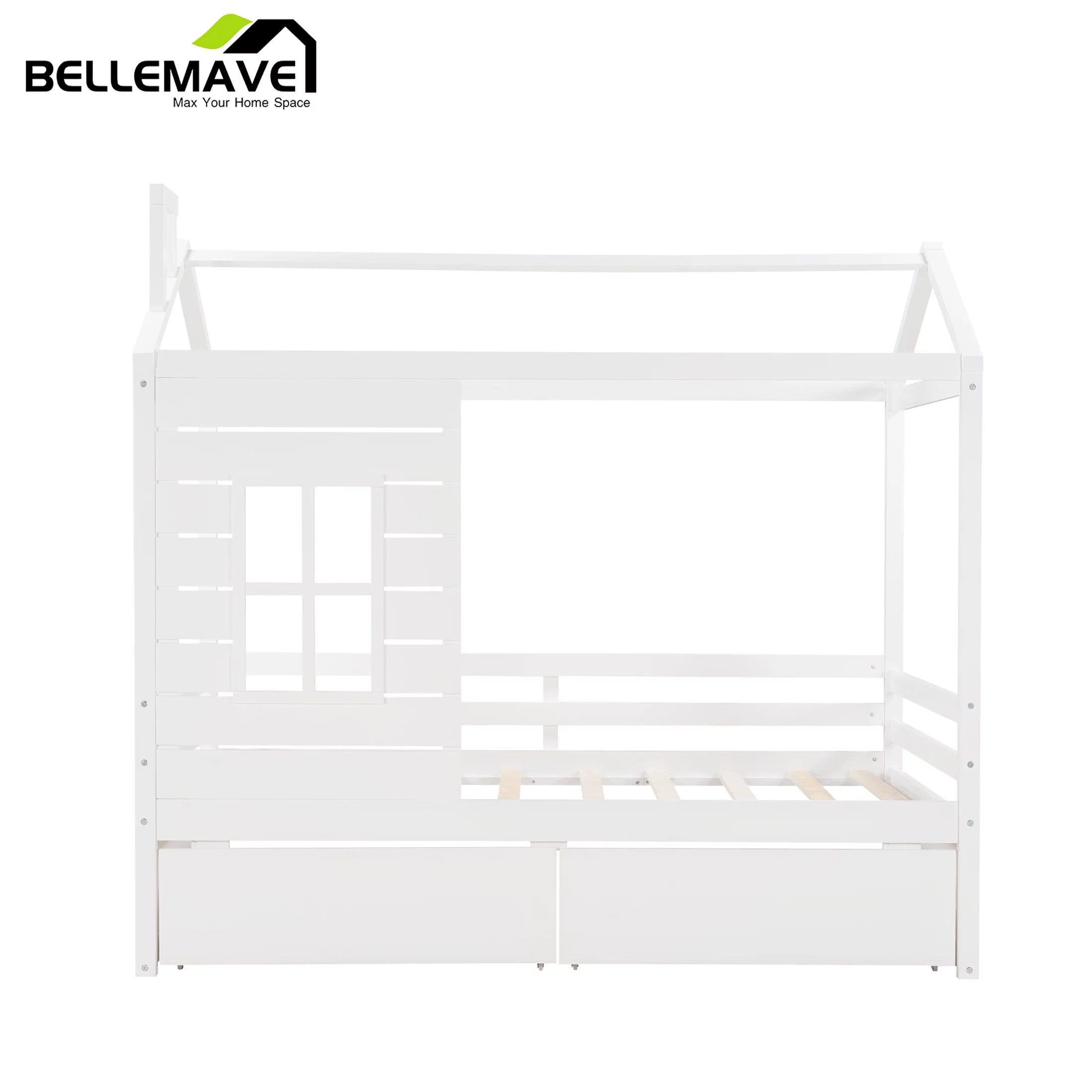 White Twin Size Wooden House Bed with Drawers and Guard Rails M1444