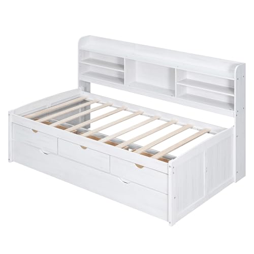 White Wash Wooden Twin Size Captain Bed with Built-in Bookshelves and 3 Storage Drawers and Trundle S277