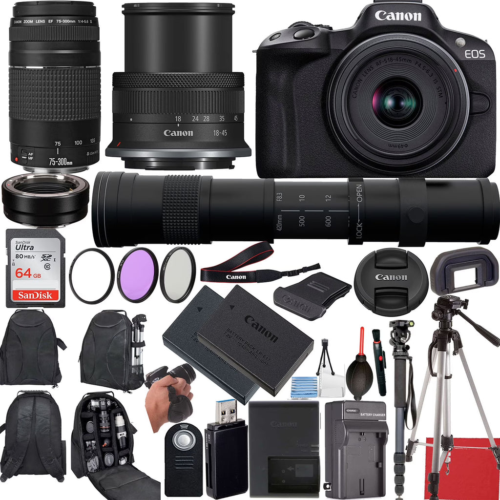 Canon EOS R50 Mirrorless Camera with 18-45mm, EF 75-300mm & 420-800mm Lenses + Mount Adapter + 20 Essential Accessories C74750