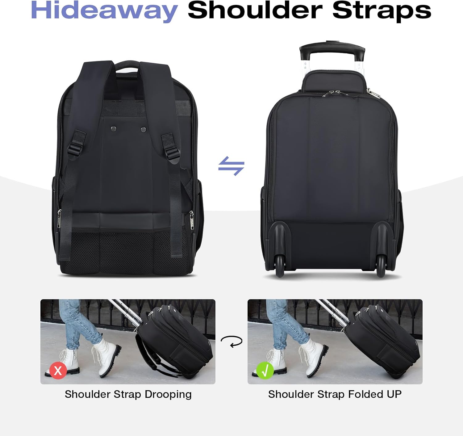 17 Inch Waterproof Black Rolling Backpack with Wheels U3579