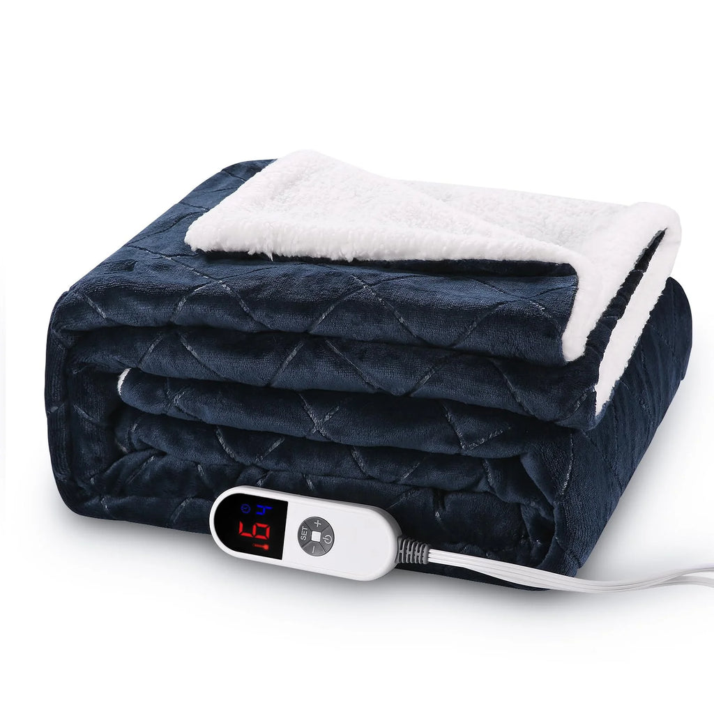 Dark Blue Flannel & Sherpa Electric Heated Throw Blanket 50"x 60" V190961