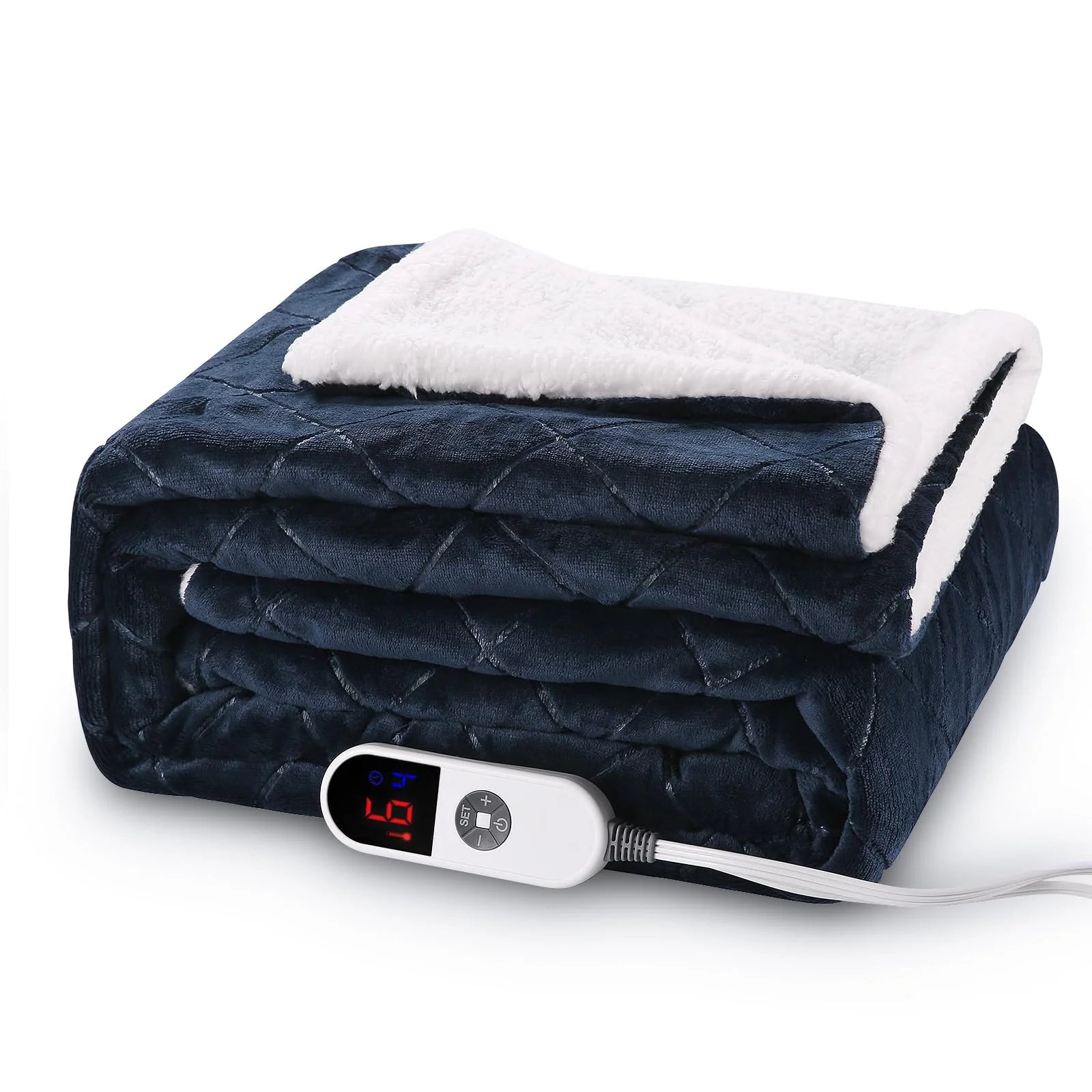 Dark Blue Flannel & Sherpa Electric Heated Throw Blanket 50"x 60" V190961