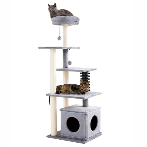 Grey Small Cat Tree Tower with Scratching Post and Plush Perch Bed I753988