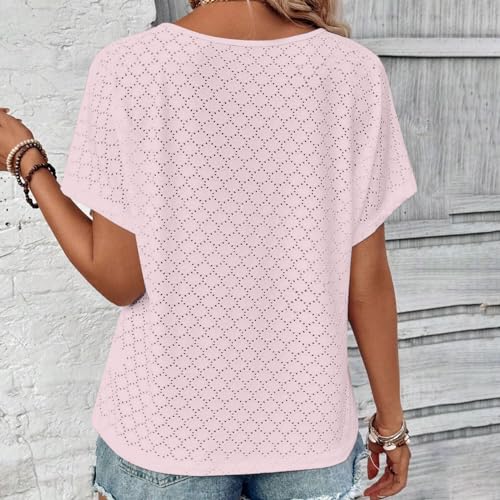 Breathable Eyelets Blouses V Neck Short Sleeve Soft Textured Tunic Tops H94079