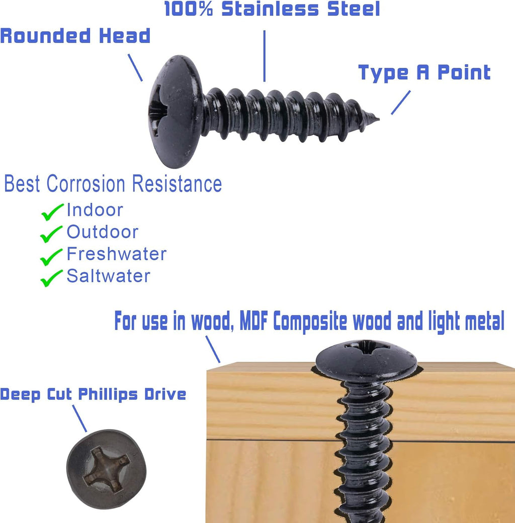 Black Xylan Coated 18-8 Stainless Steel Truss Head Phillips Wood Screw, 25pc W9757