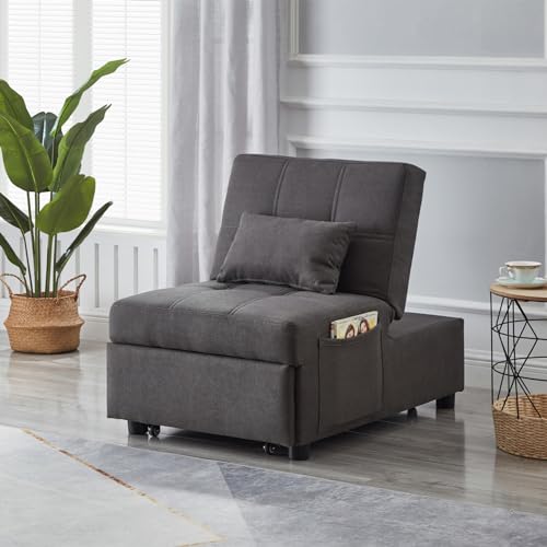 Grey Linen Upholstered Sleeper Sofa Couch with Adjustable Backrest and 1 Pillow P6803