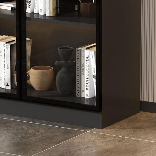 Black Glass Display Cabinet with 5-Tier Shelves and 4 Doors D9293