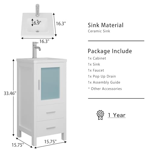 16" Single Sink Bathroom Vanity with Faucet and Drain (White) C3734