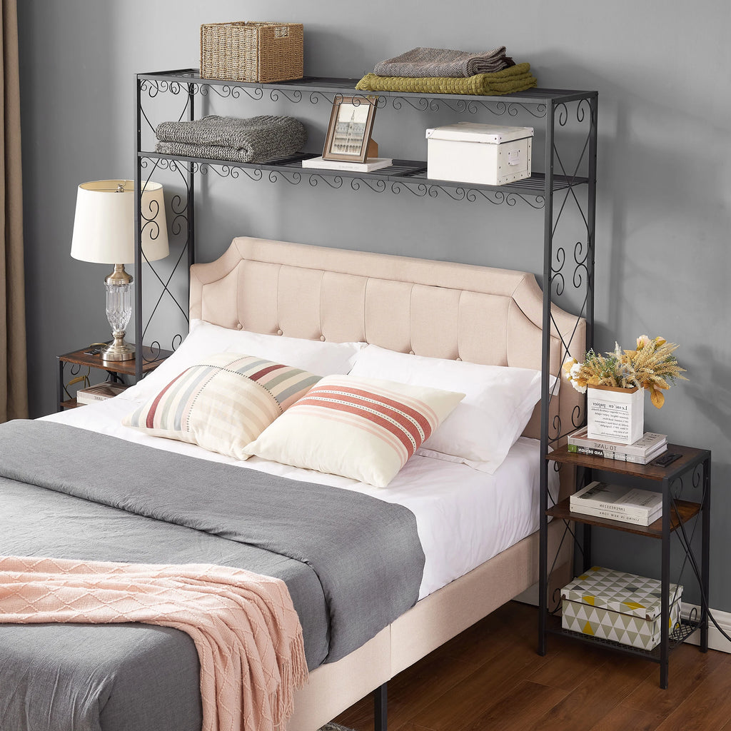 Queen Bed Frame with 2 Nightstands Headboards with Storage Cabinet, Headboard with Shelves, Bookcase Headboard Iron and Wood Rustic Brown C7817