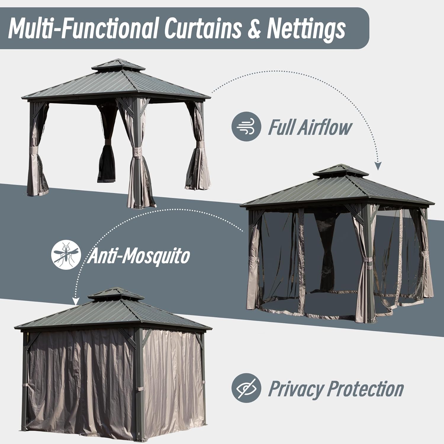 8x8FT Hardtop Gazebo with Galvanized Steel Double Roof Canopy, Curtain and Netting, Gray B2757