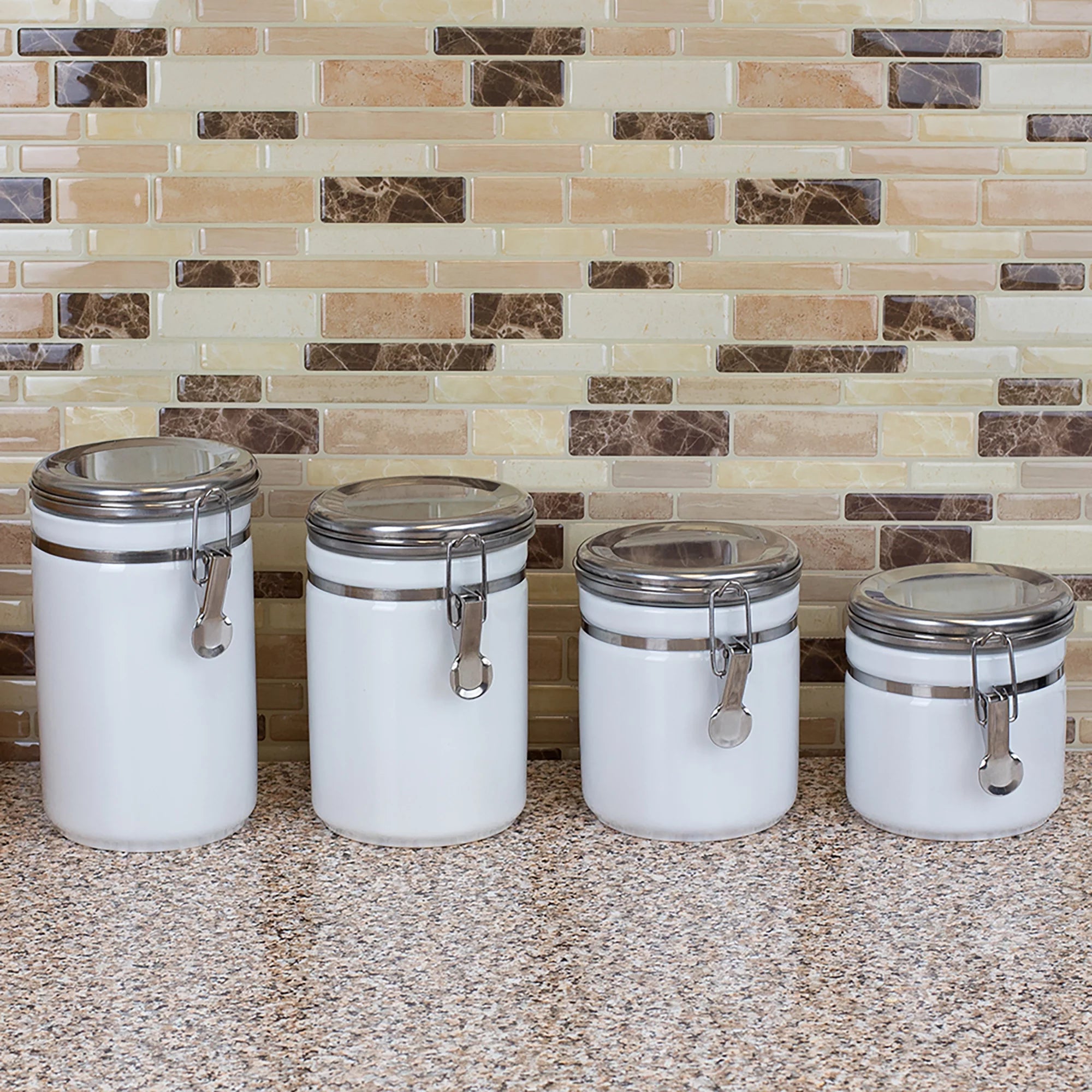 4 Piece Ceramic Canister Set with Stainless Steel Tops, White B53387