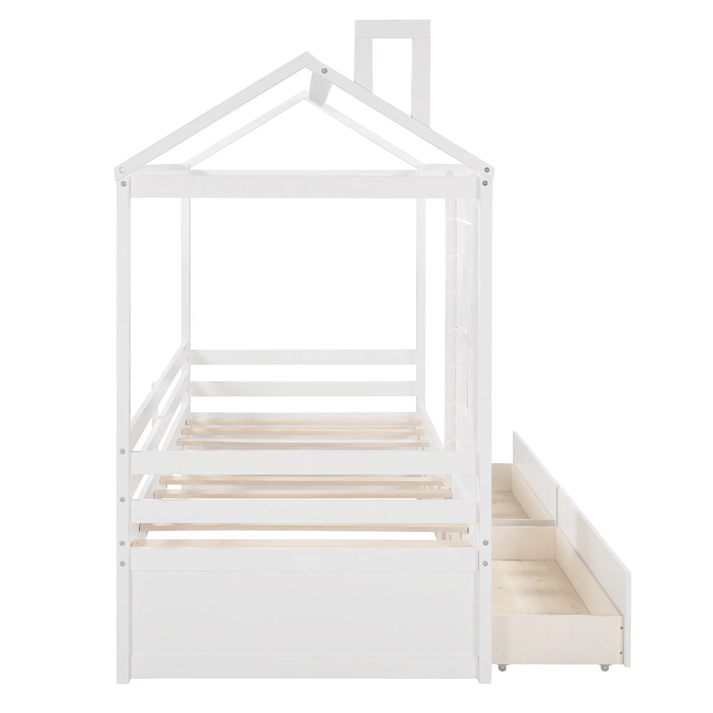 White Twin Size Wooden House Bed with Drawers and Guard Rails M1444