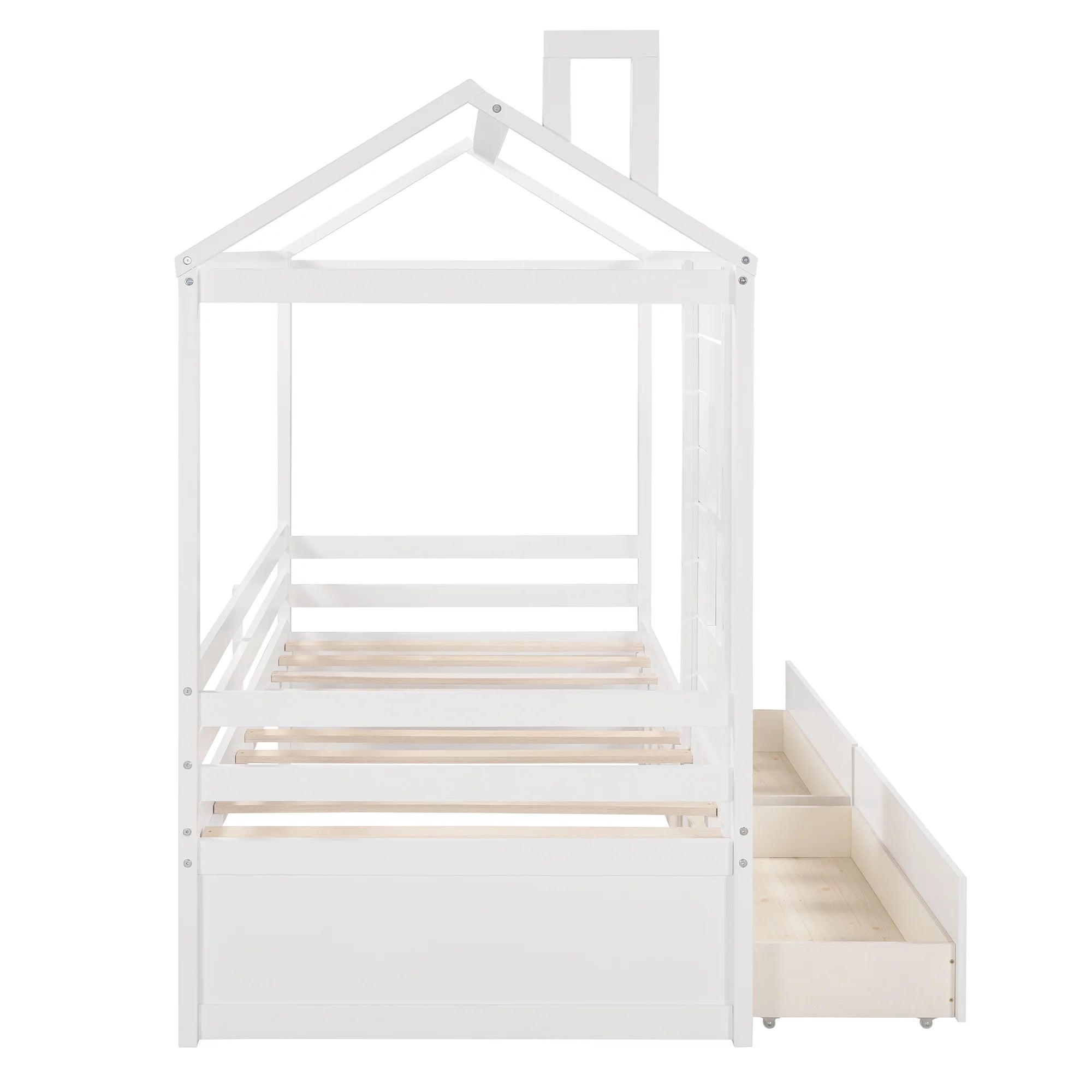 White Twin Size Wooden House Bed with Drawers and Guard Rails M1444