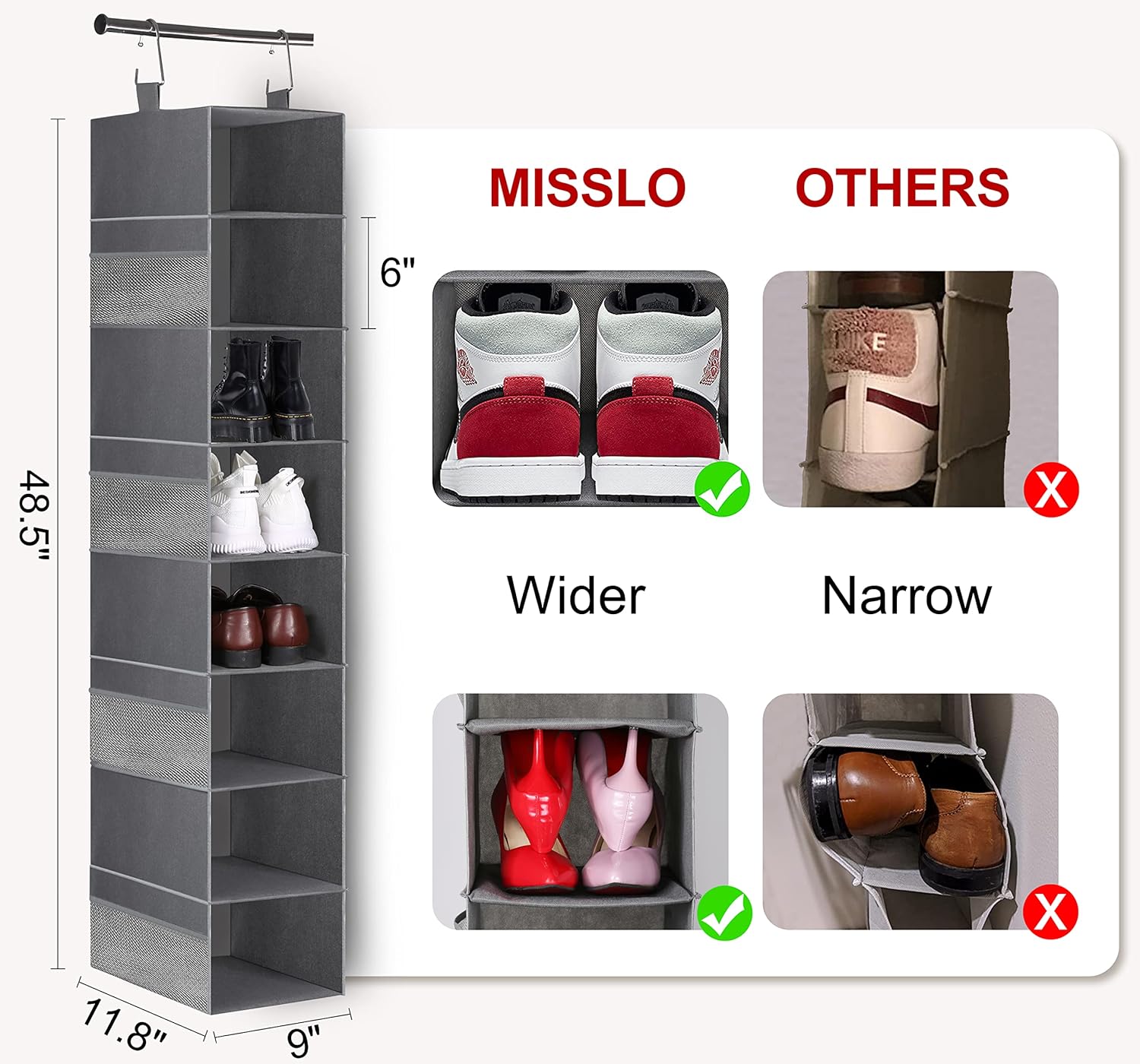 3-Tier Long Shoe Rack and 8-Shelf Hanging Shoe Organizer L894983