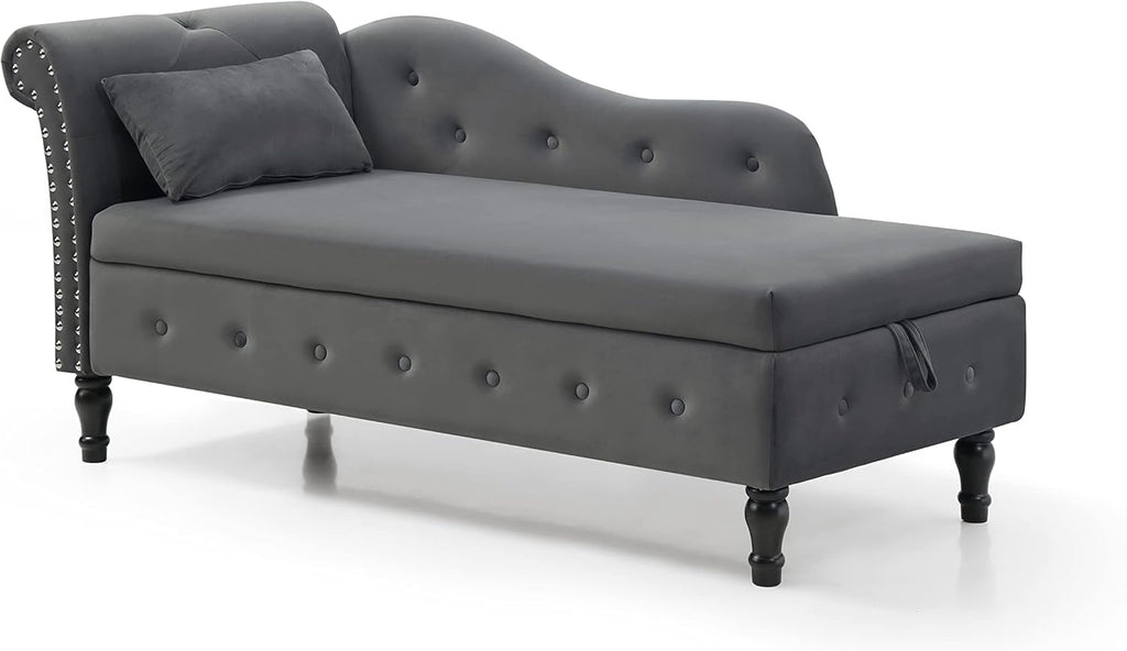 Gray Velvet Chaise Lounge Chair with Storage M8984