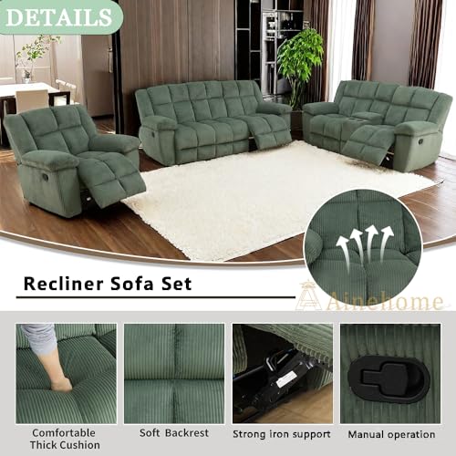 Manual Recliner Sofa Set, Corduroy Recliner Chair, Green Z451728