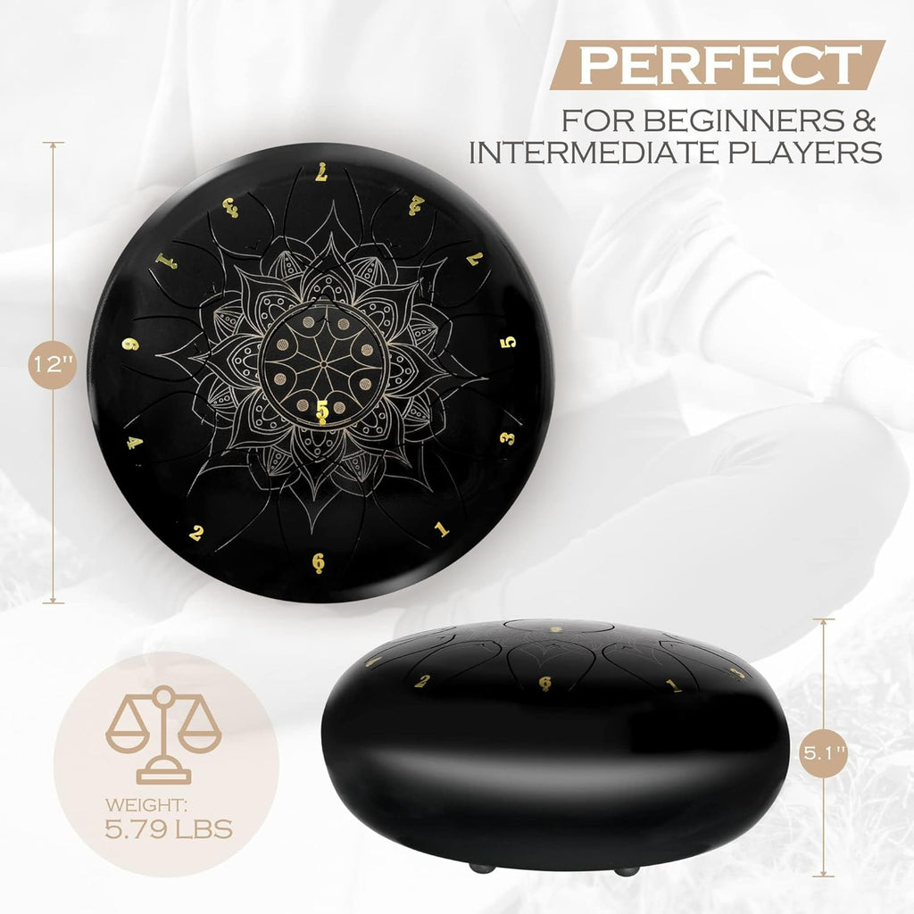 13 Notes 12 Inches Steel Tongue Drum Kit with Lotus Pattern, Black F377239