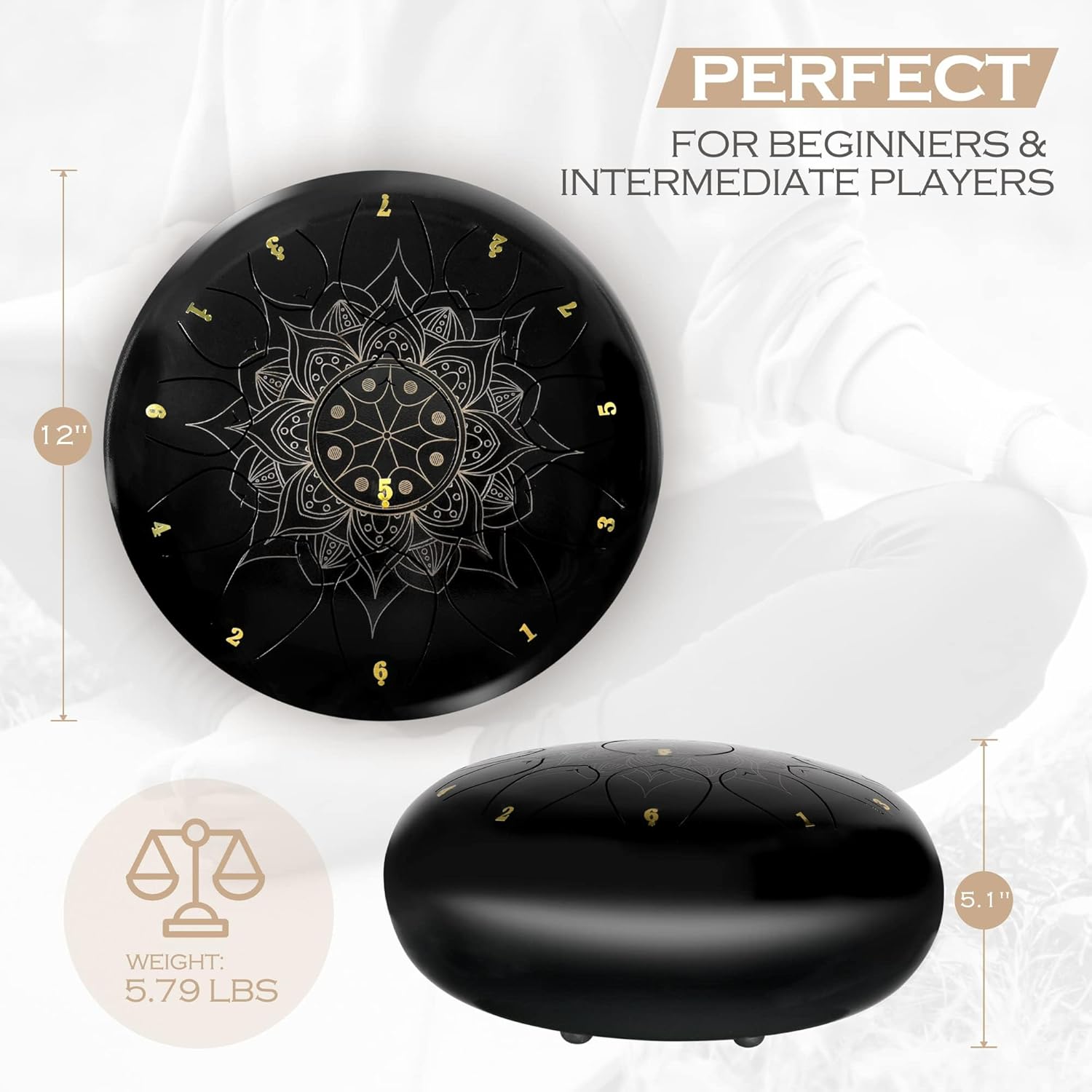 13 Notes 12 Inches Steel Tongue Drum Kit with Lotus Pattern, Black F377239