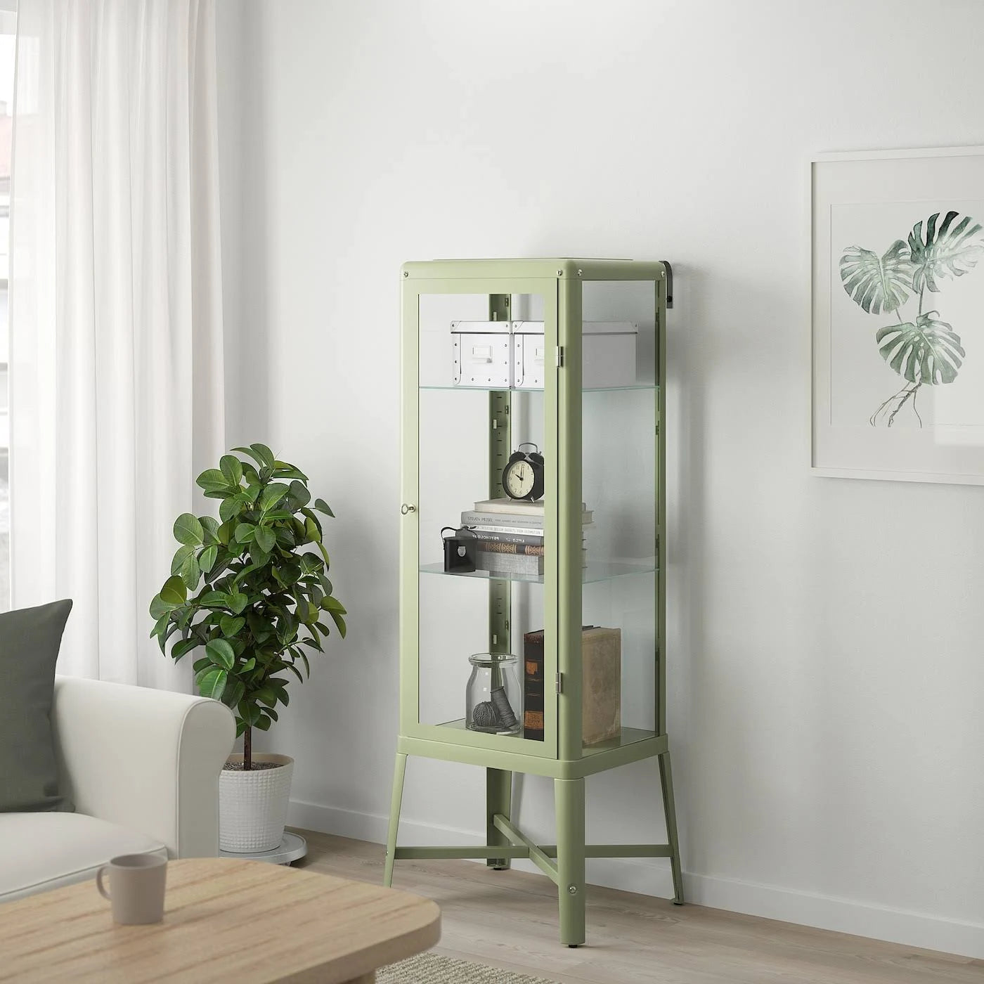 Pale Gray-Green Glass-Door Cabinet Q188132